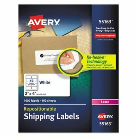 AVERY DENNISON Avery, REPOSITIONABLE SHIPPING LABELS W/SURE FEED, INKJET/LASER, 2 X 4, WHITE, 1000PK 55163